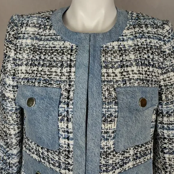 Alice + Olivia Avis Blue Tweed Denim Jean Combo Patch jacket Size Medium - Picture 11 of 16